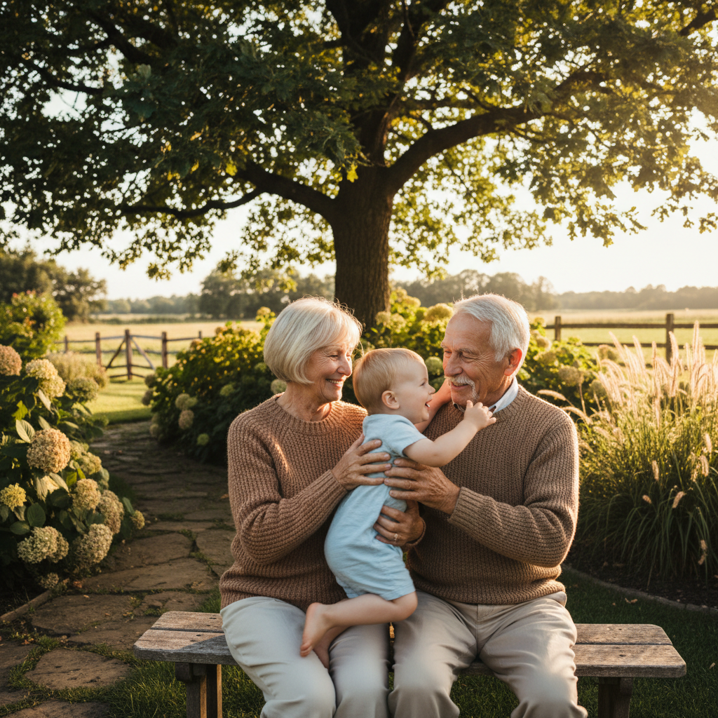 Older grandparents smiling warmly while a small child plays between them outdoors