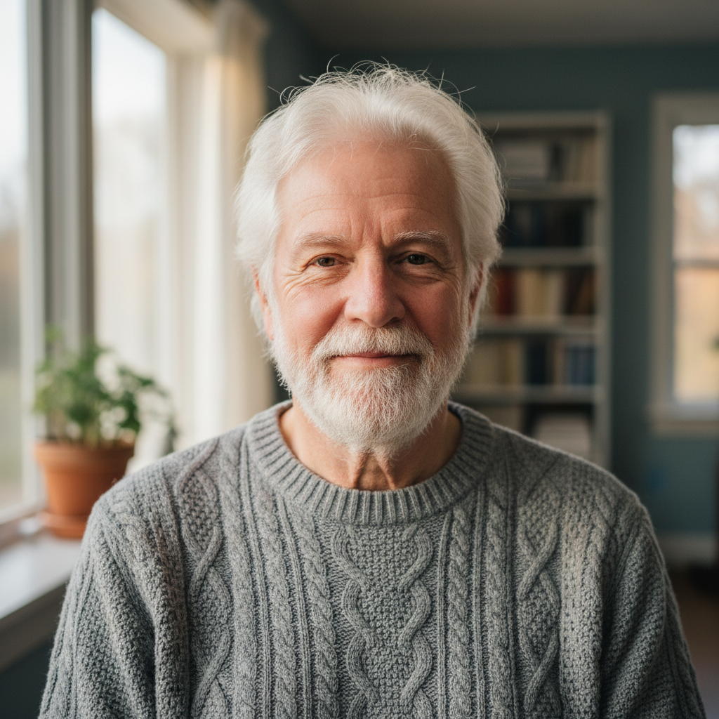 David Lundgren, a 71-year-old man with white hair and a relaxed smile, wearing a casual sweater, photographed outdoors with soft daylight