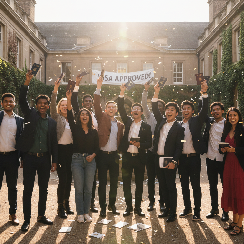 Student celebrating successful UK student visa approval after initial rejection