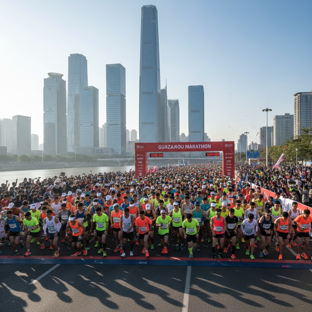 Thousands of runners at start line of Guangzhou Marathon with modern city skyline backdrop