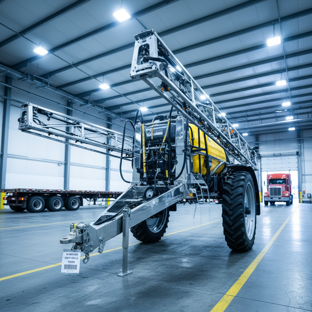 Finished agricultural sprayer gleaming under inspection lights on outbound dock, QA documentation tag hanging from hitch, flatbed truck backing into loading bay in background