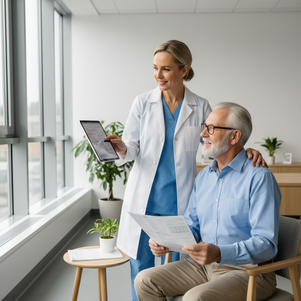 Doctor consulting elderly patient about neurological condition, warm well-lit clinical room