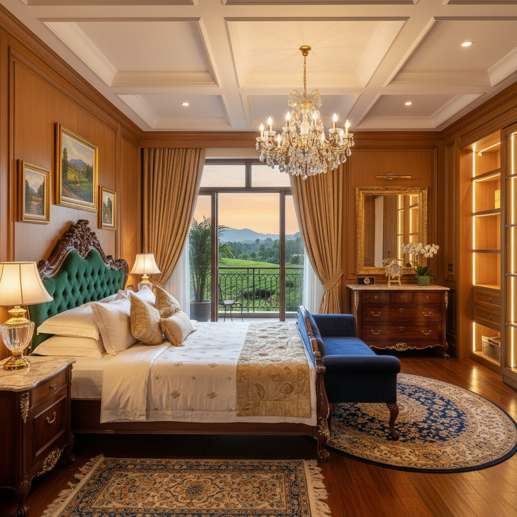 Luxury master bedroom suite with panoramic windows overlooking green landscape, warm morning light