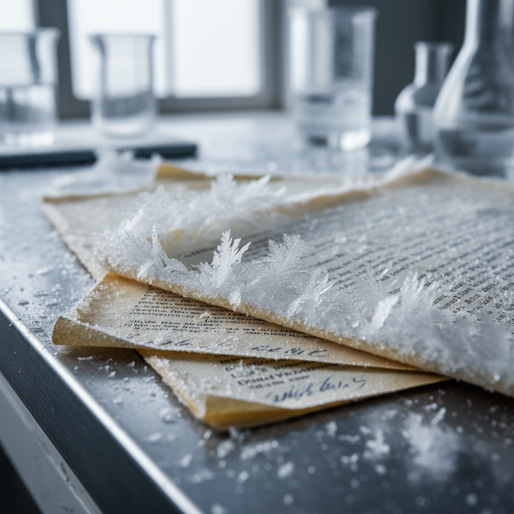 Close-up of scientific research papers with graphs and charts on wooden desk with reading glasses