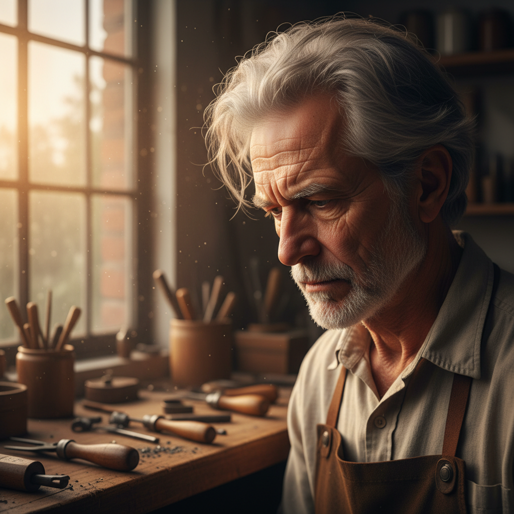 Portrait of an older craftsman with silver hair in a traditional saddlery workshop