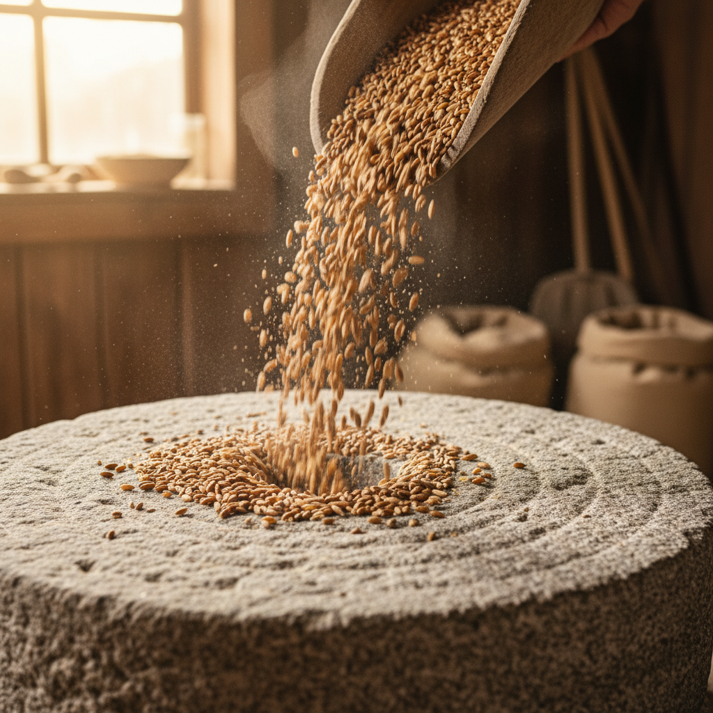 Stone-milled einkorn grain flour in a ceramic bowl with whole grain stalks, warm natural light