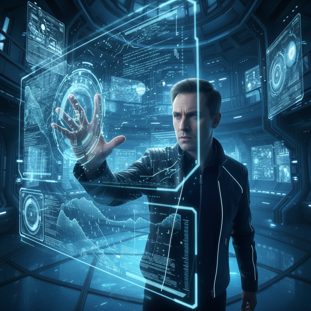 Futuristic AI interface with blue holographic elements on dark background showing data processing visualization