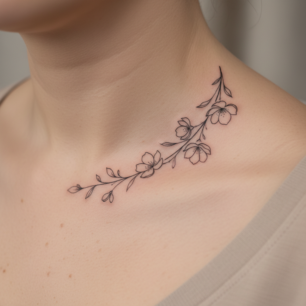 Fine linework tattoo detail on collarbone, minimalist floral motif