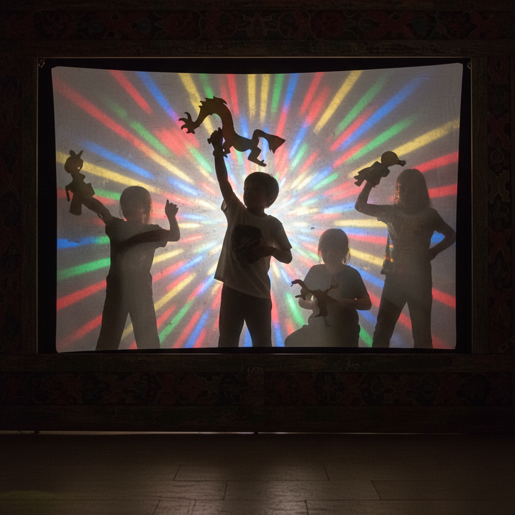 Dramatic shadow puppet stage with colorful backlit screen and children performing