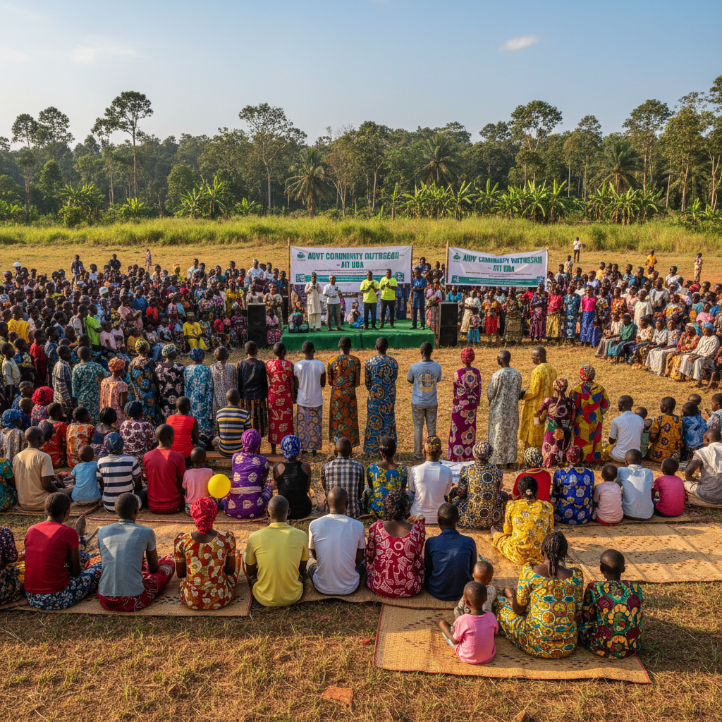 Community members gathered outdoors for AUVF outreach program in Afi Uda village, Nigeria