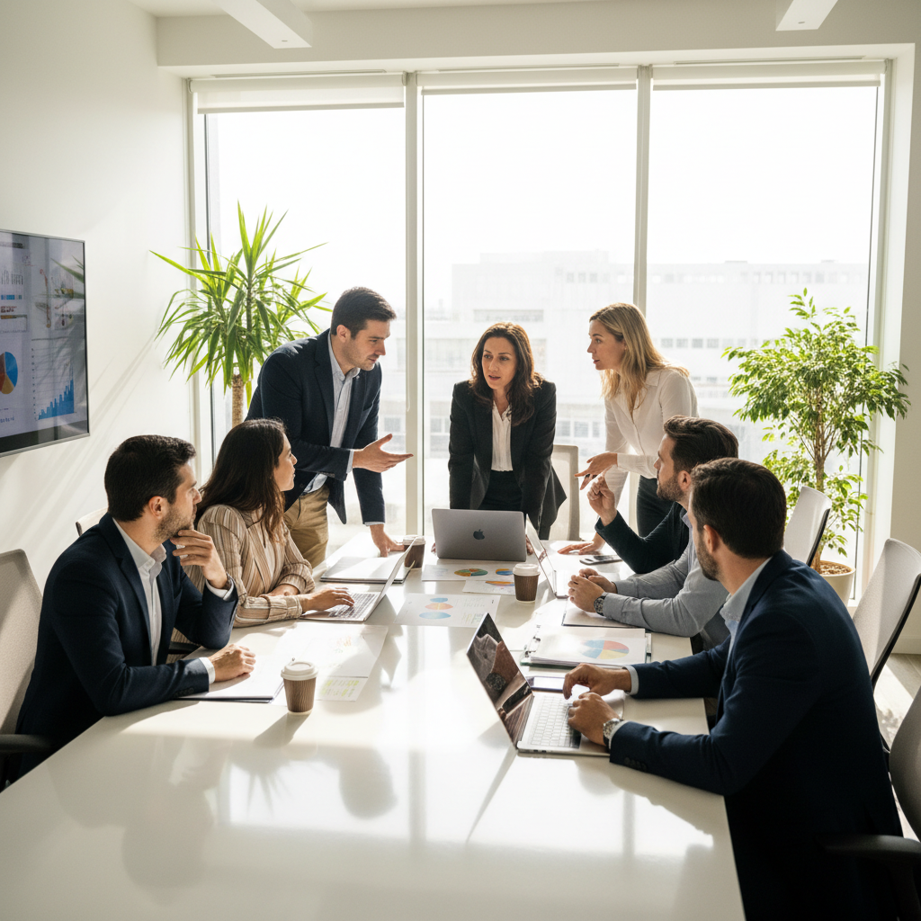 Professional team meeting in bright conference room with natural light