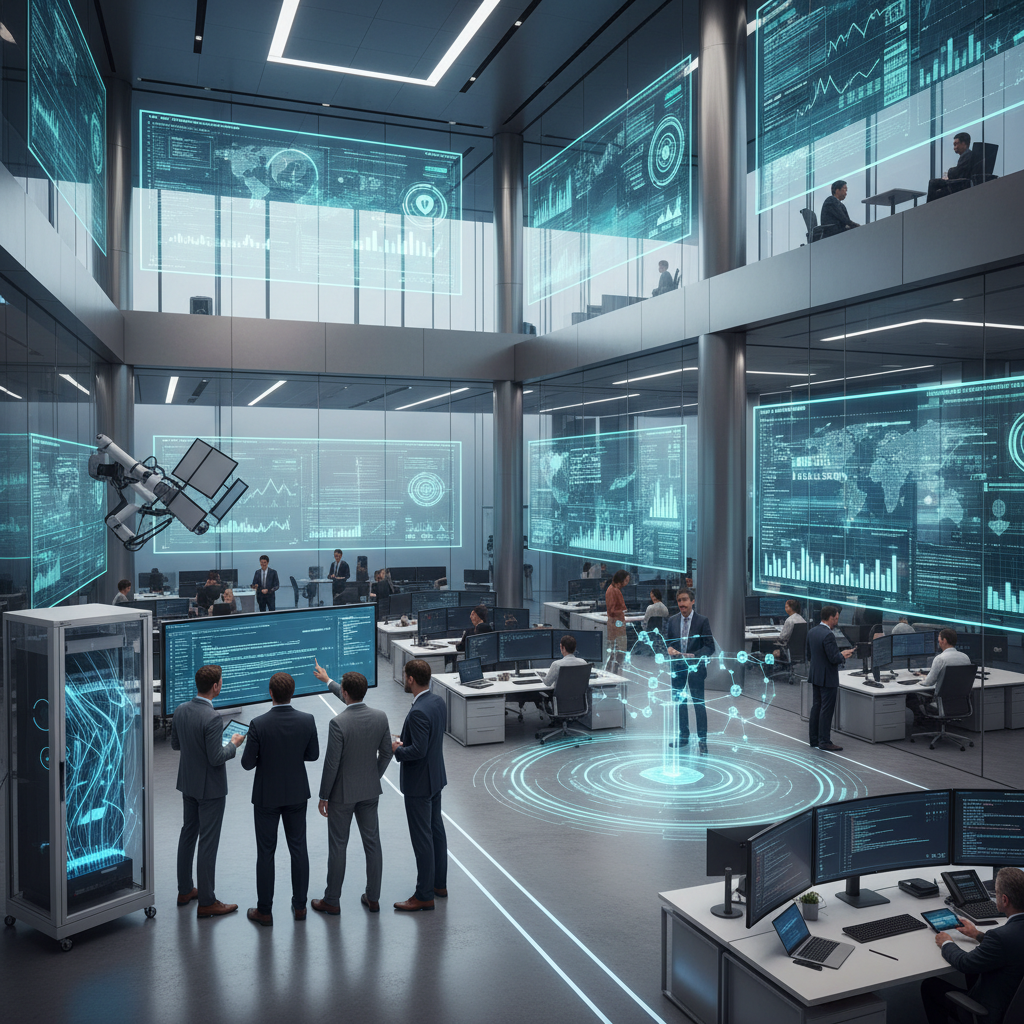 Financial services office with computer screens showing financial data and charts