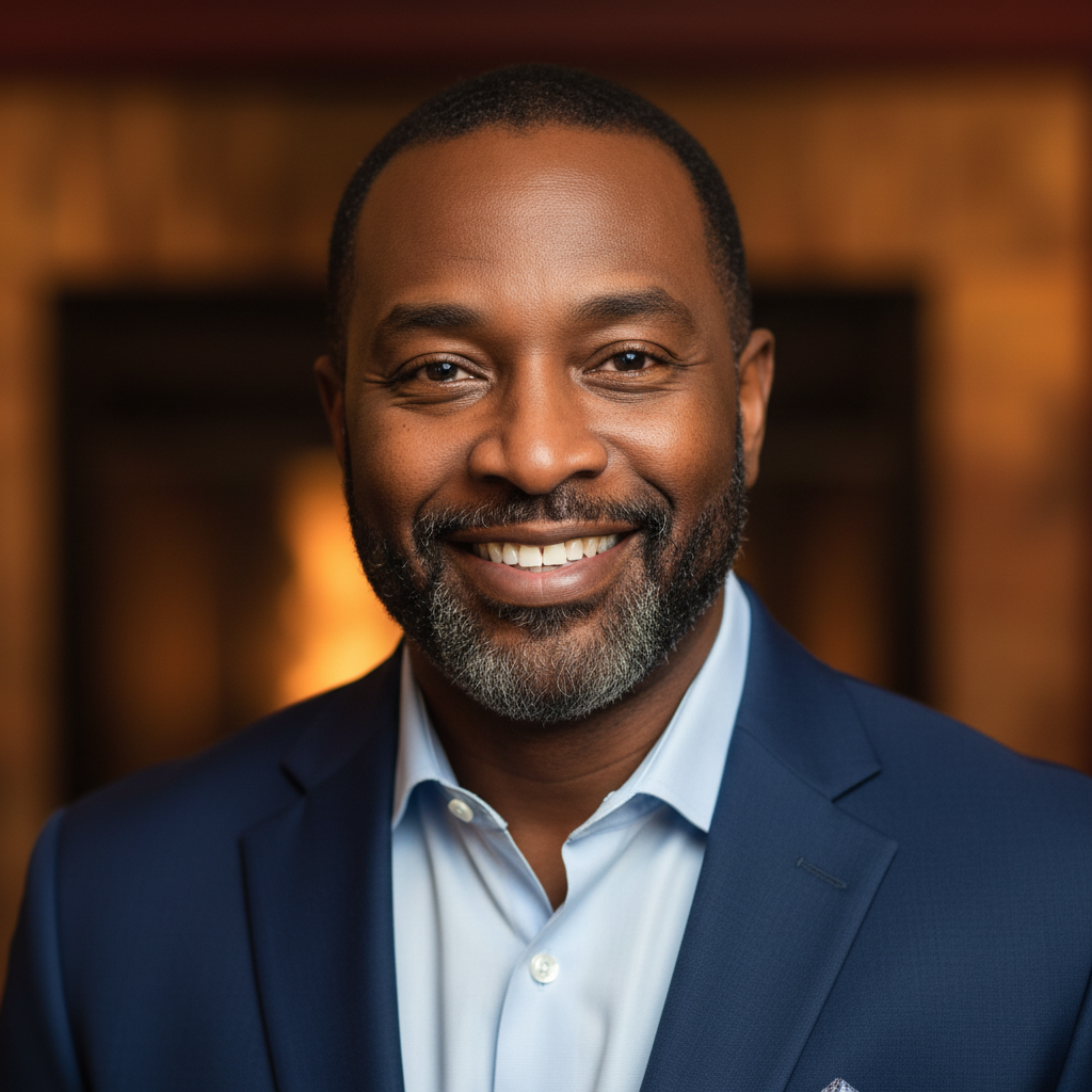James Okonkwo, Black man in his late 40s, professional portrait with warm background