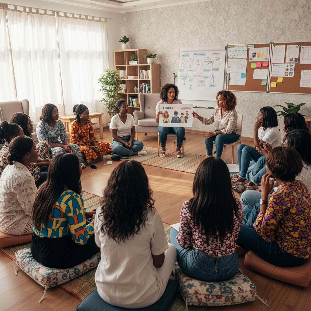 Group of African men and women in a community hall engaged in vocational skills training in Nigeria