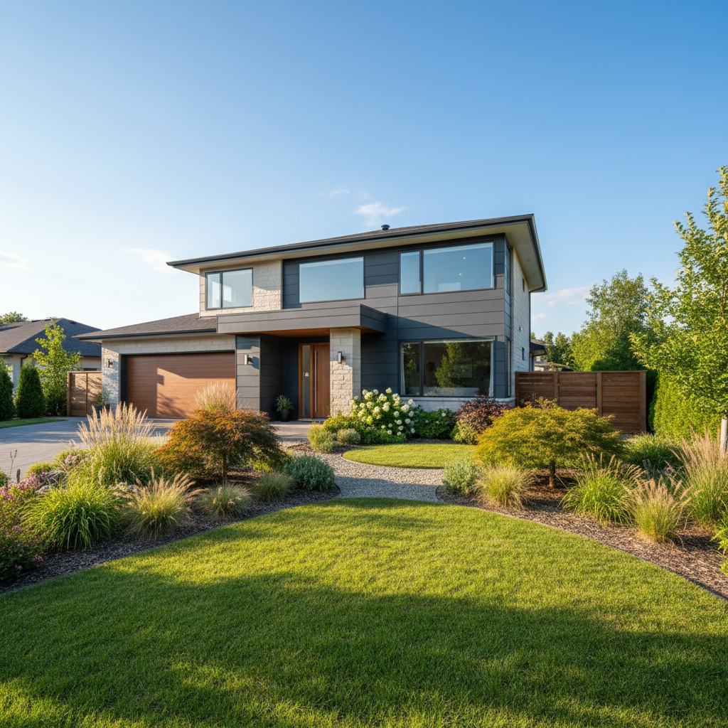 Two-story home with mature trees bright sky well maintained exterior