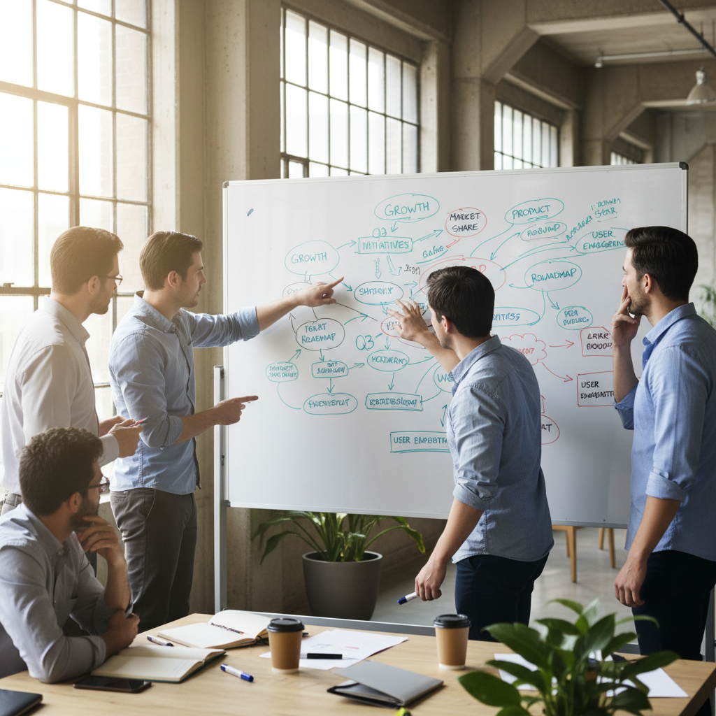 Business team in collaborative workshop reviewing process diagrams on whiteboard