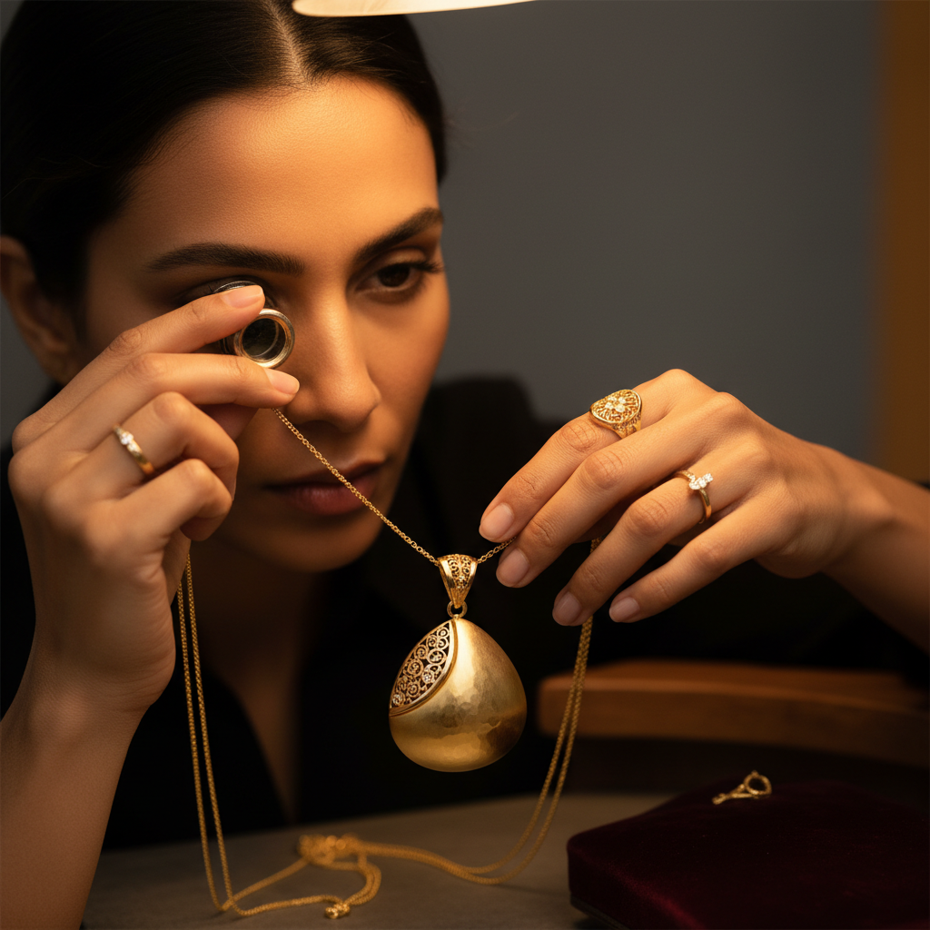 Minai's founder carefully inspecting gold jewellery quality, warm studio light, minimal background