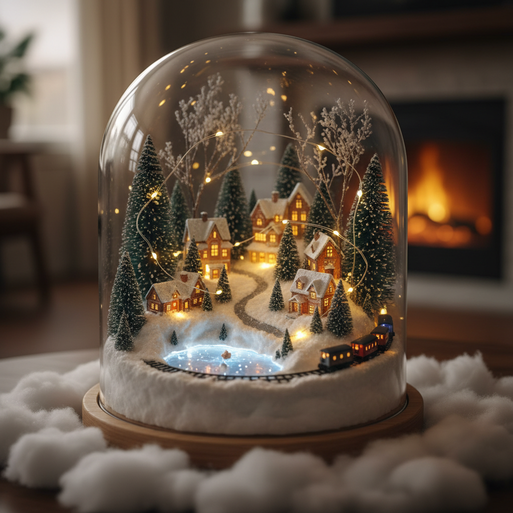 Winter scene diorama with snow effects and micro LED lighting