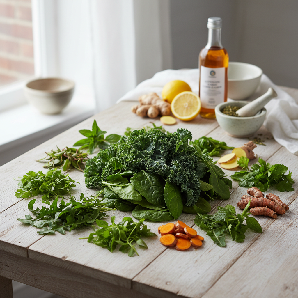 Fresh food ingredients and packaged goods on wooden table, green herbs, natural light, rustic setting