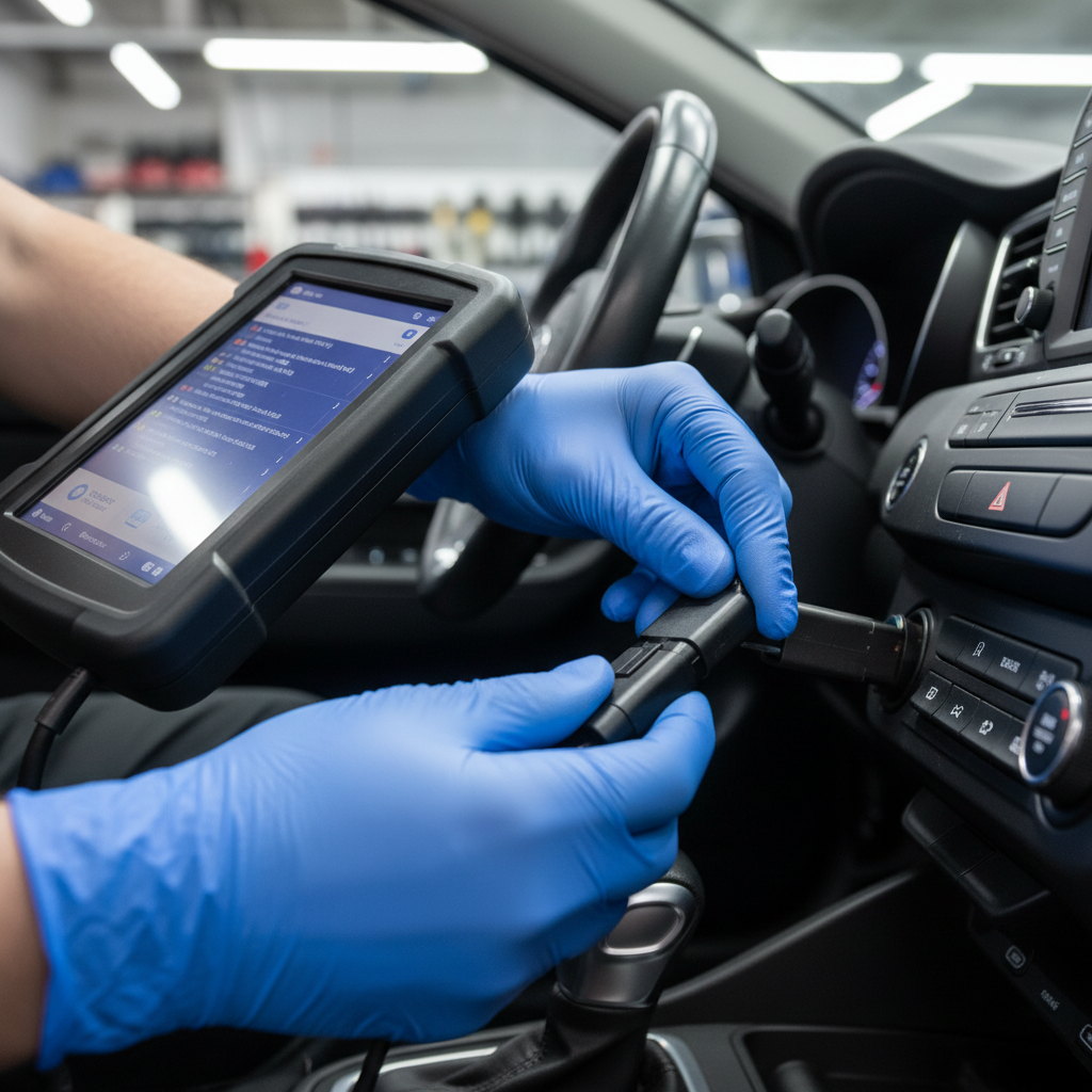 Technician connecting GDS diagnostic tool to a Kia, monitor showing fault codes in a clean workshop