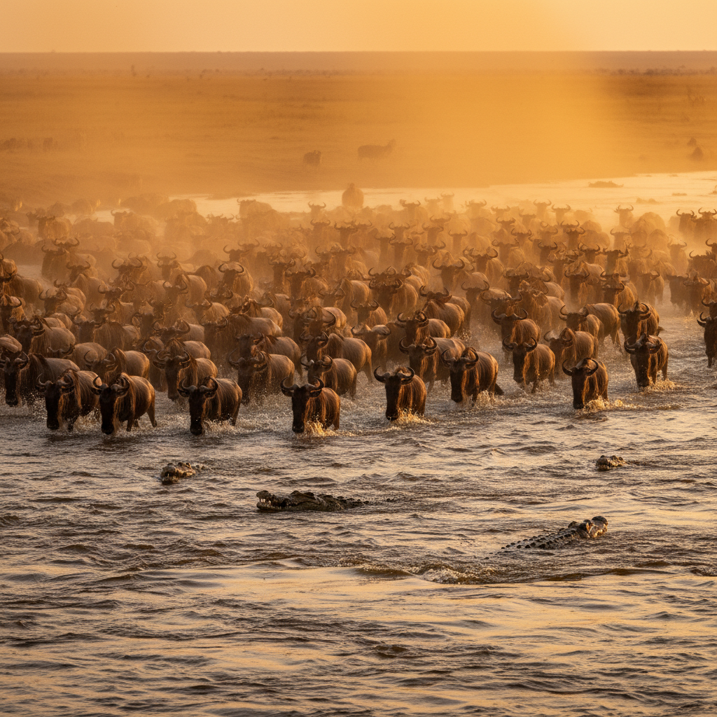 Wildebeest migration across Maasai Mara river at golden hour