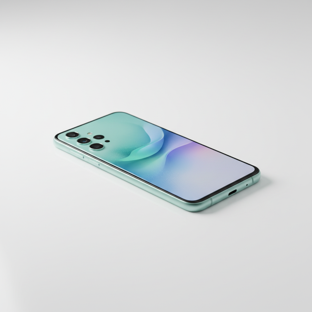 Smartphone in emerald green color on table