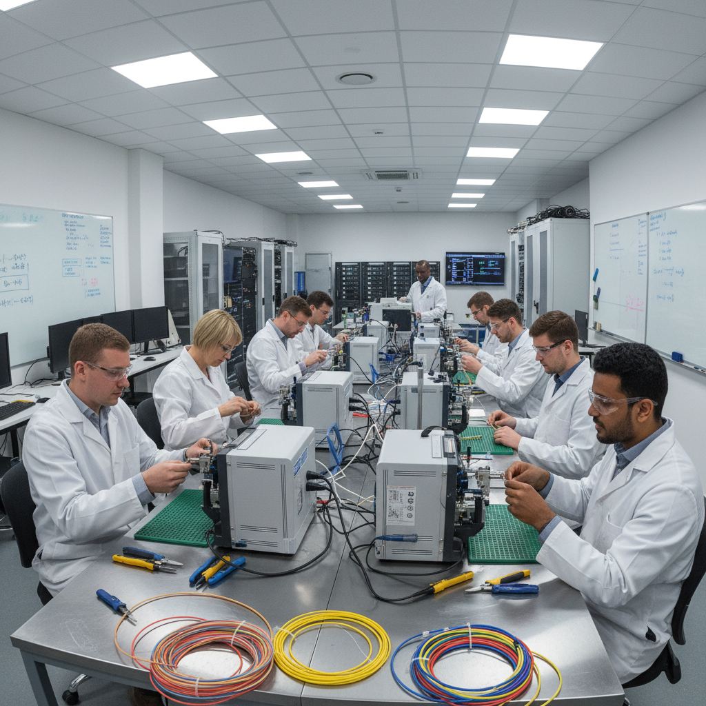 Fiber optic cable installation with bright illuminated strands in clean environment