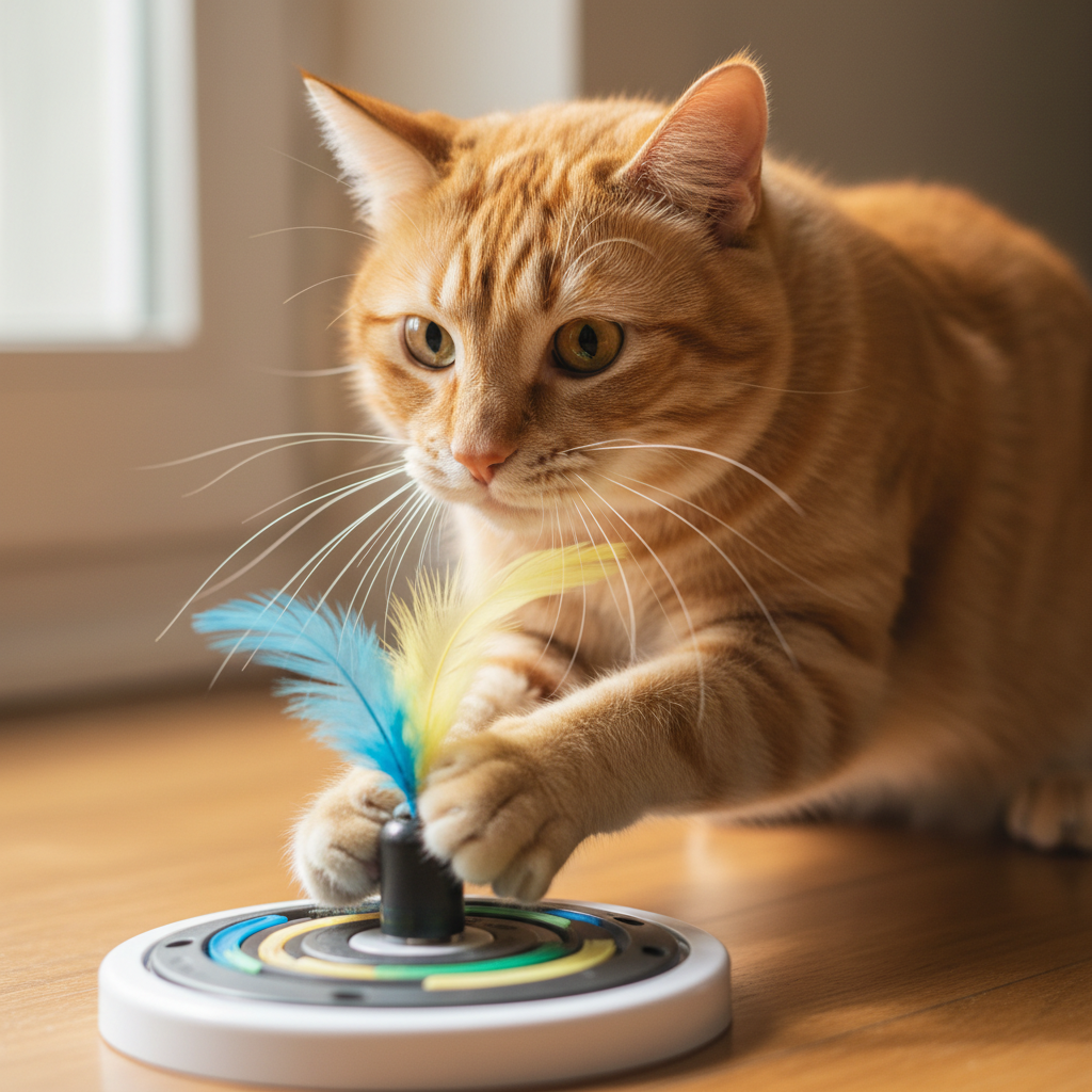 Orange cat playing with feather toy in living room
