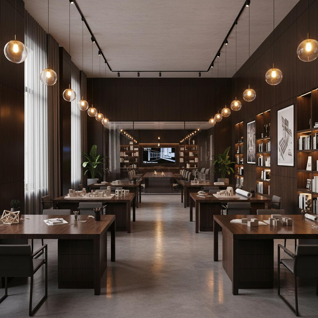 LIVIQ Interiors design studio interior with warm dim lighting, dark wood finishes and professional atmosphere
