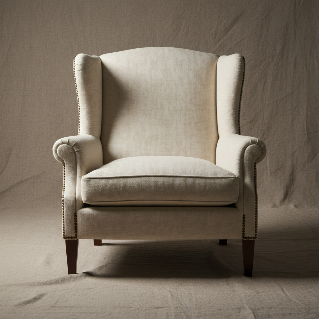 Elegant cream upholstered lounge chair with timber legs on a neutral background