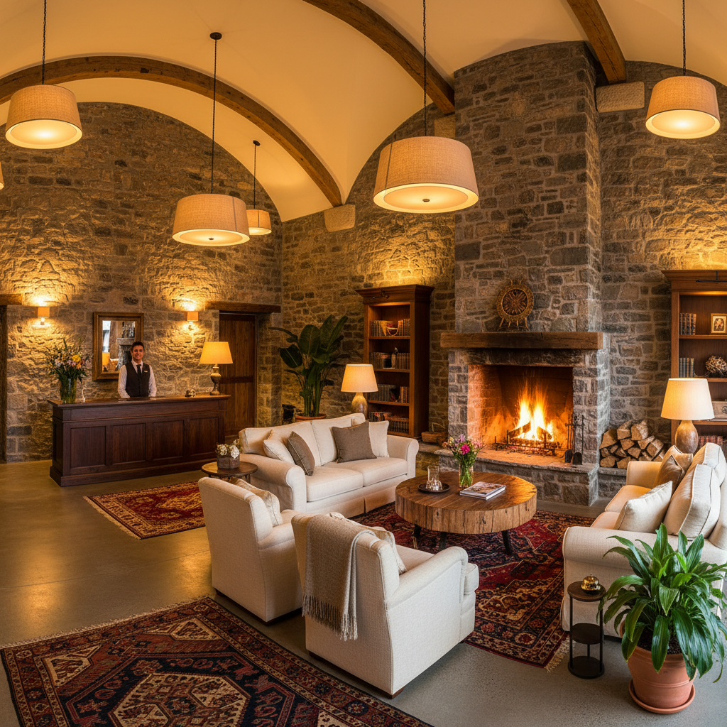 Boutique hotel lobby with warm lighting and elegant decor