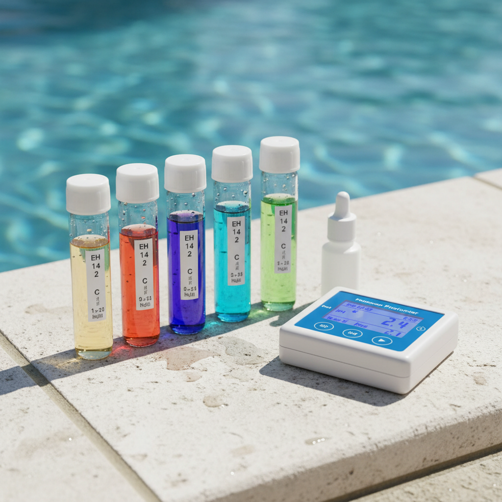 Pool water testing kit with chemical test vials and digital photometer on pool coping