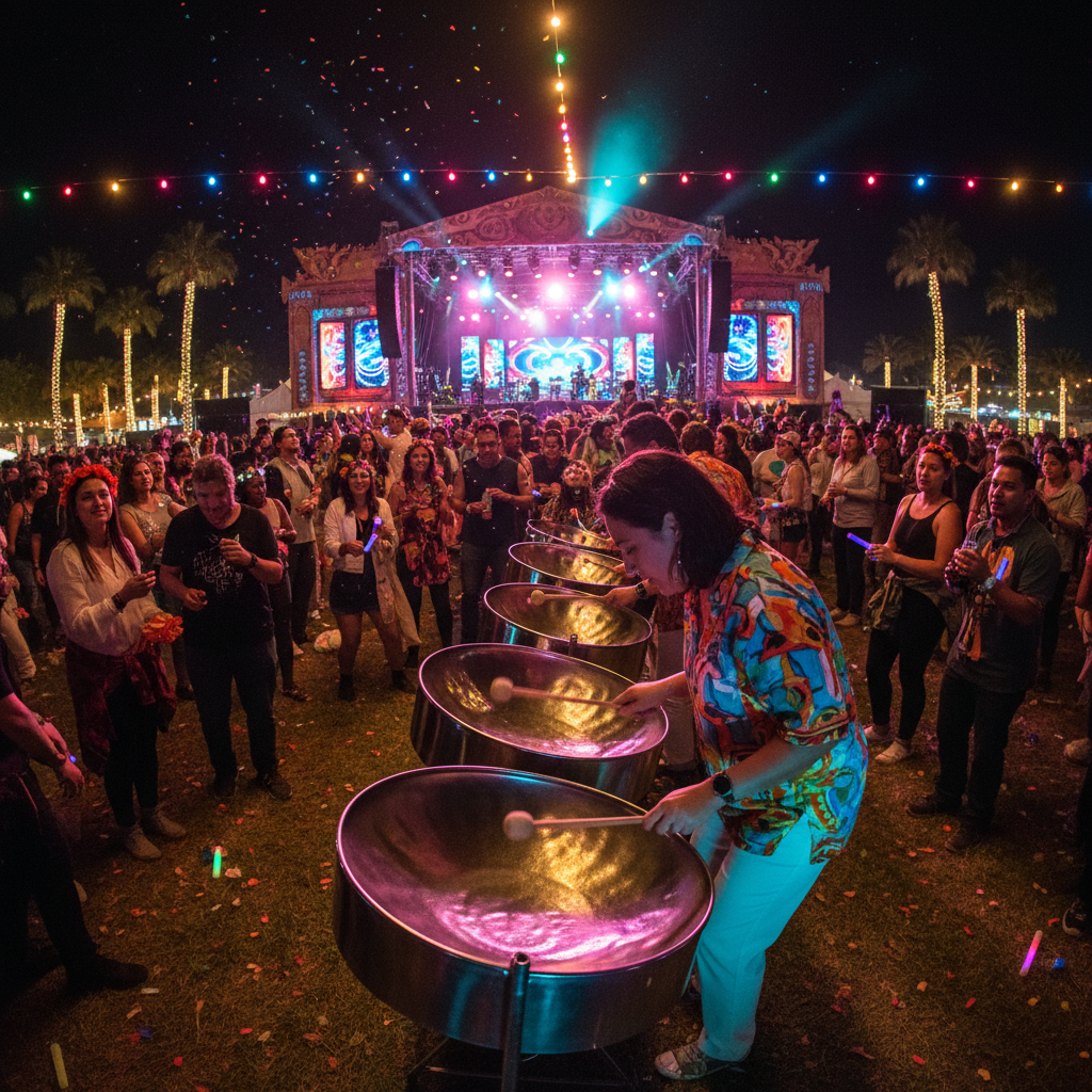 Caribbean musician playing steelpan drums at outdoor festival with colorful lights
