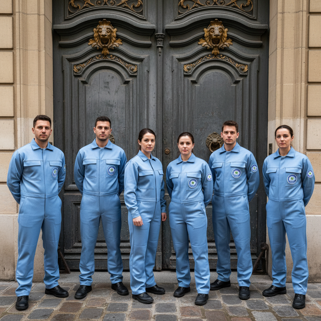 Équipe Nuisible en tenue technique bleu ciel devant une porte cochère parisienne, badges Certibiocide visibles