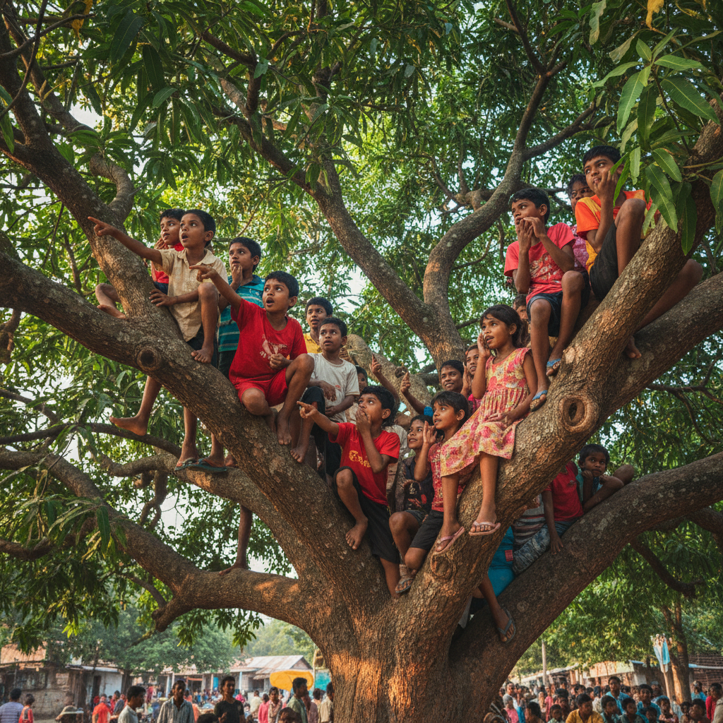 Children watching proceedings from mango tree branches