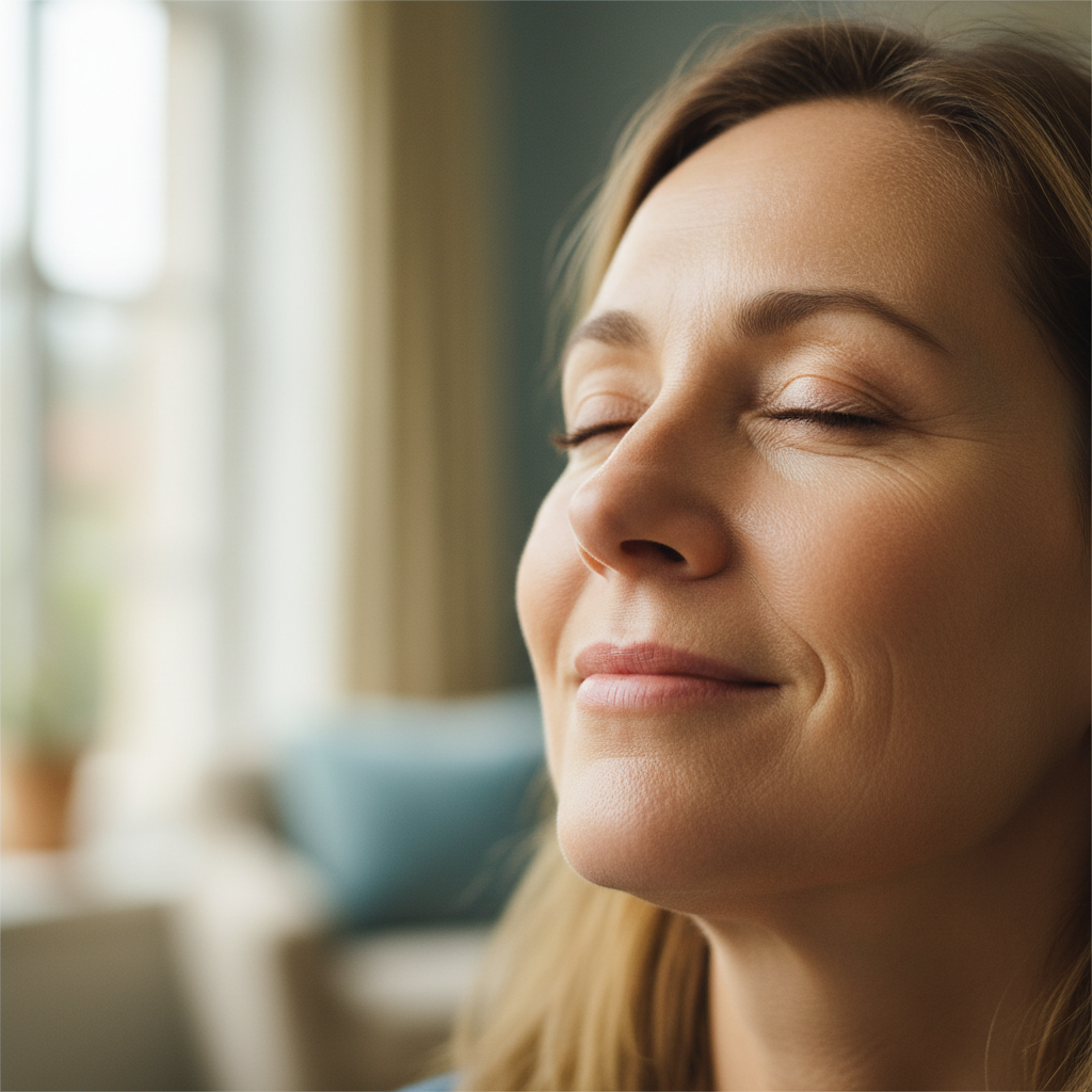 Mujer sonriente en momento de calma interior