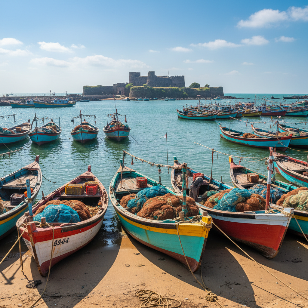 Ratnagiri harbour with traditional fishing boats and the Ratnadurg fort on the hilltop