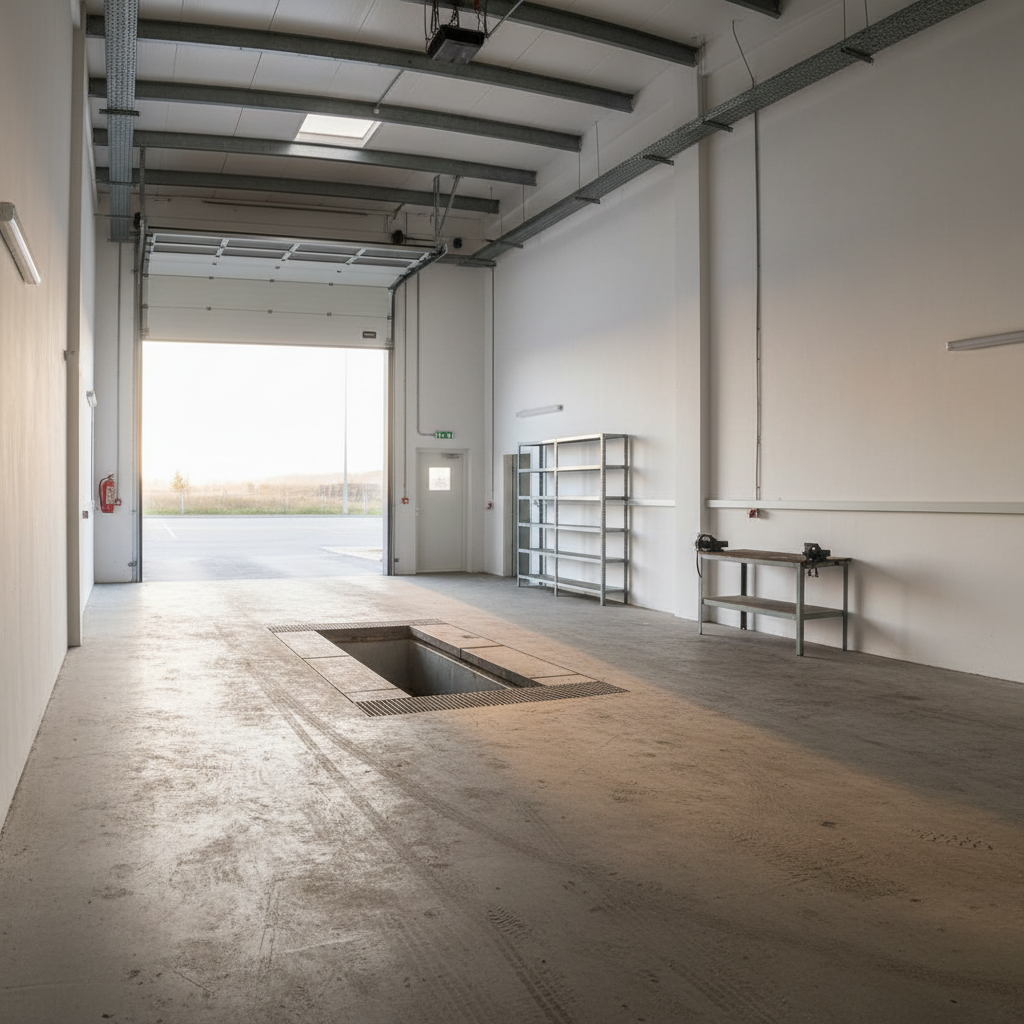 Empty garage workshop bay with concrete floor, morning light flooding through roller door, clean white walls
