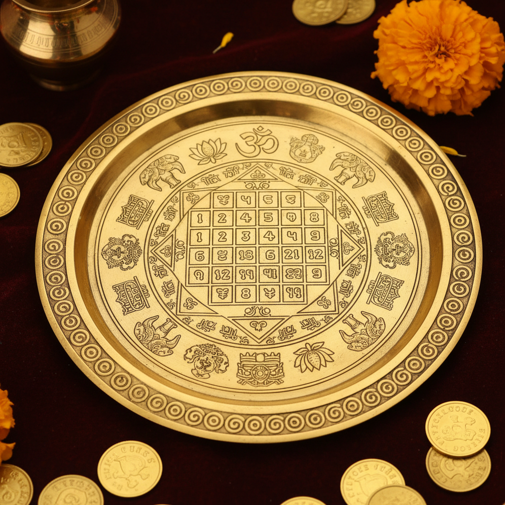 Crystal quartz Kuber Yantra for wealth and prosperity with gold border engraving