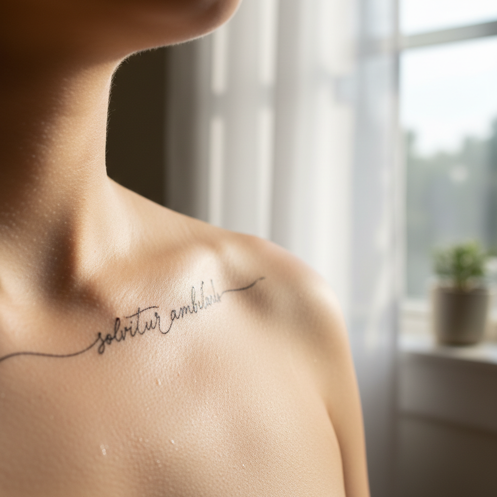 Delicate fine-line script tattoo along the collarbone, skin glowing in window light