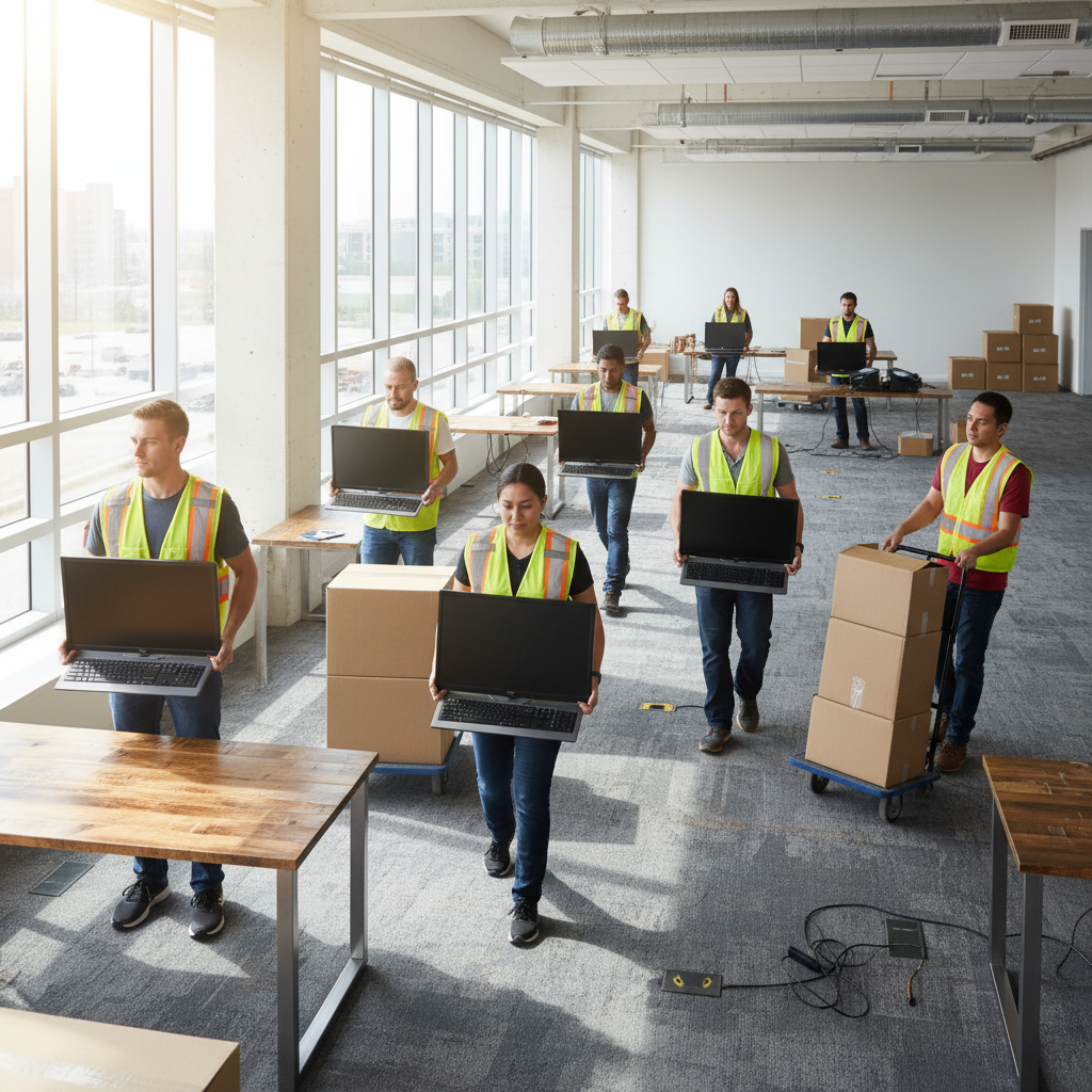 Office computers and desks being carefully moved