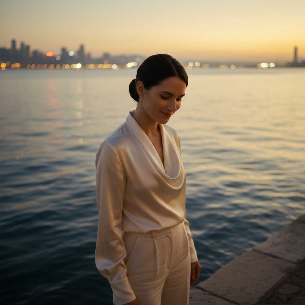 Woman in elegant cream silk blouse at a harbor at dusk, warm lights reflecting on water
