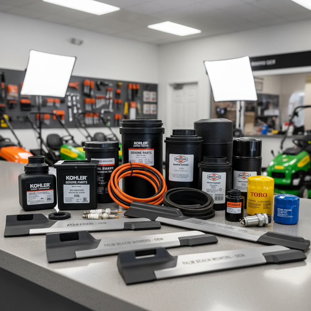 Genuine OEM mower parts displayed at Palm Beach County Mowers parts counter, well-lit indoor setting