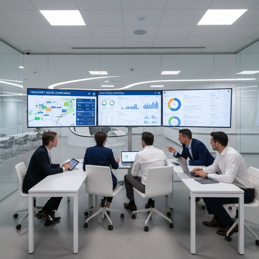 X6 Healthcare Marketing team reviewing patient acquisition strategy on large monitor in modern office