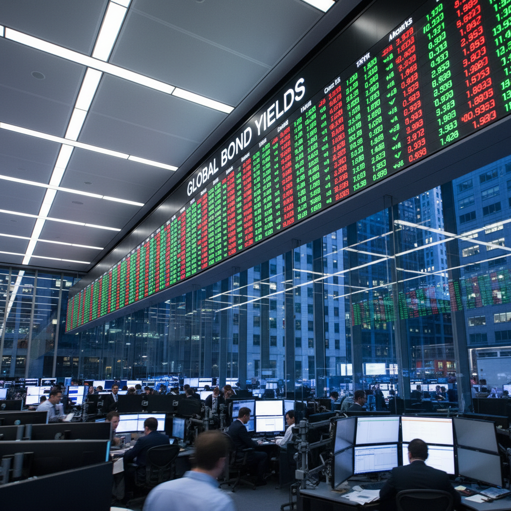Stock market ticker board with bond yields displayed in financial district