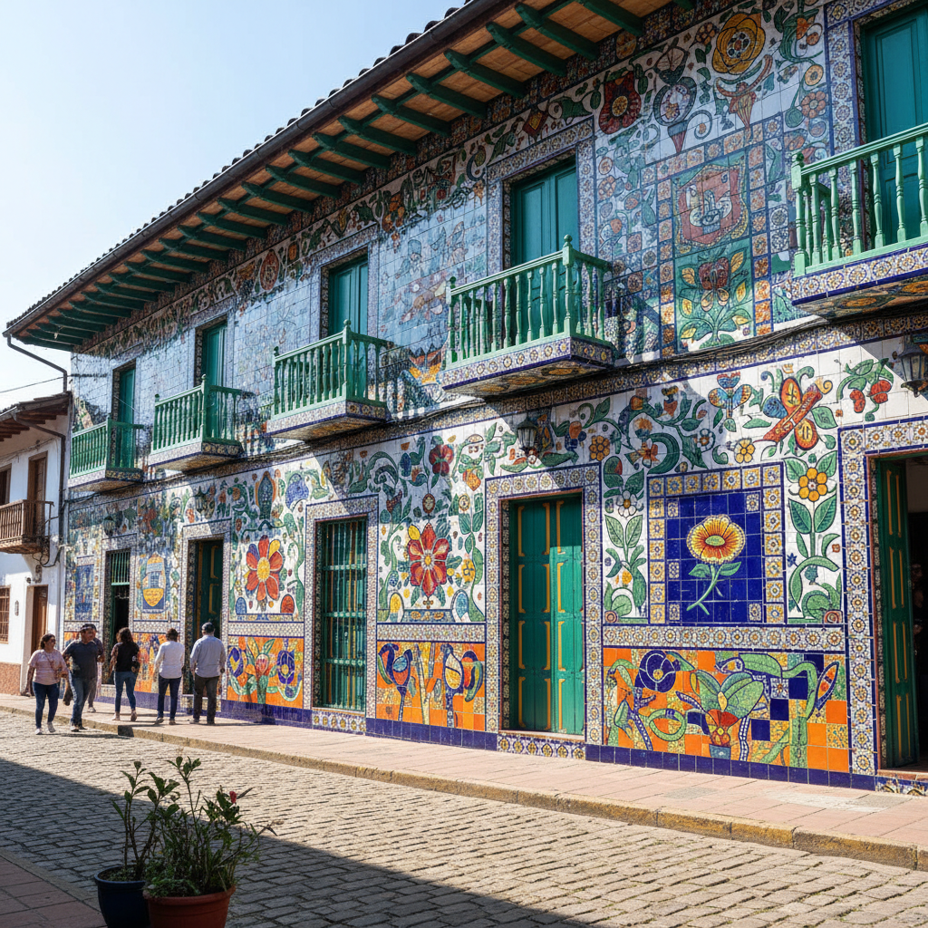 Colorful ceramic tile street facade in El Carmen de Viboral, bright daylight, vibrant mosaic patterns