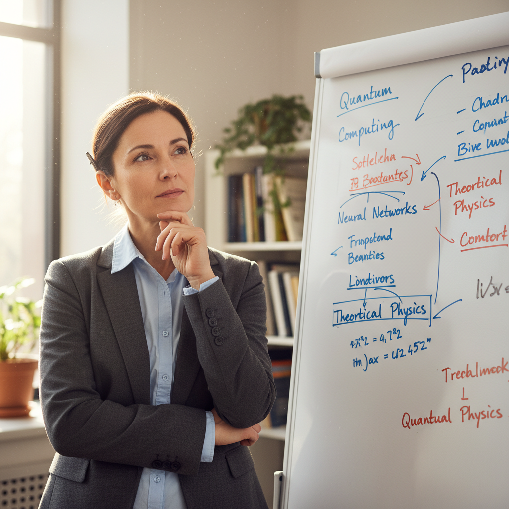Academic professional standing near a whiteboard with notes, looking contemplative