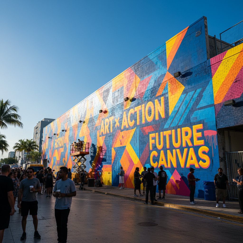Wide shot of Wynwood Miami walls completely covered in a single bold graphic campaign during Art Basel morning light