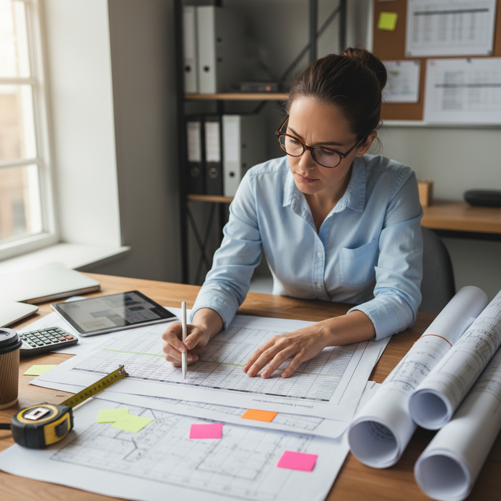Quantity surveyor reviewing construction cost documents and blueprints
