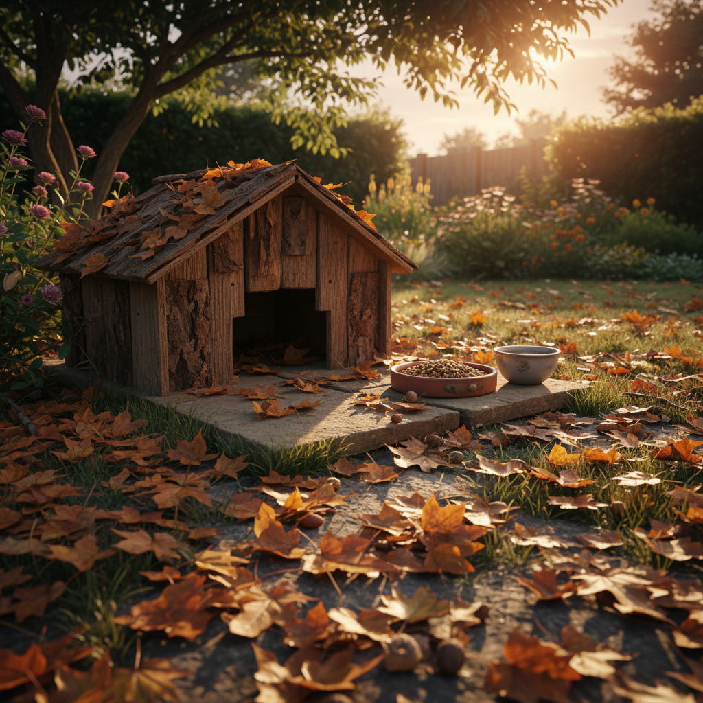 Wooden hedgehog house nestled in a garden corner with leaf litter and a feeding station beside it at dusk